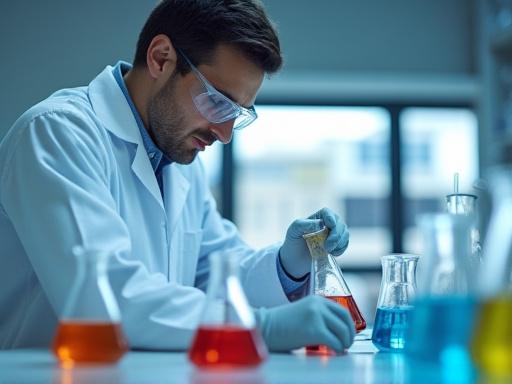 Scienziato in laboratorio che miscela ingredienti in un becher.