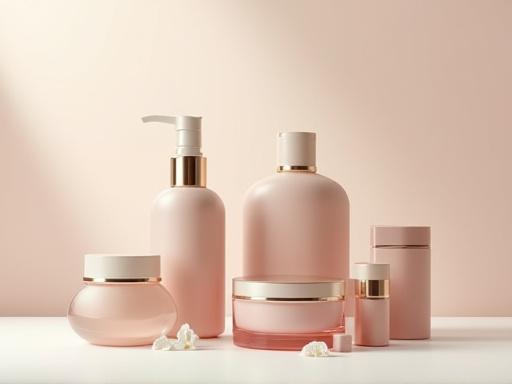 Selezione di eleganti flaconi e vasetti per cosmetici.